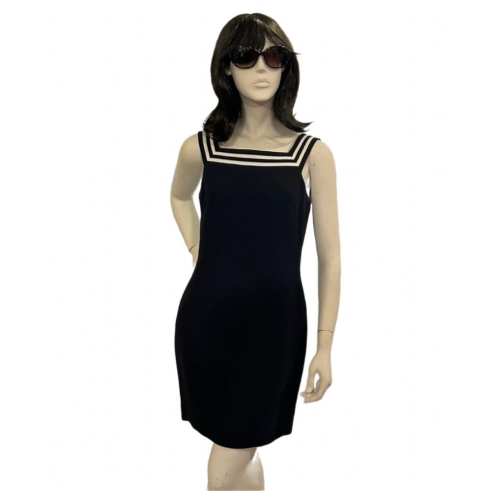 Petite Sophisticate Navy Dress with White Trim